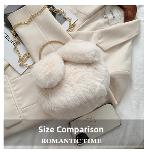 Detailed size comparison of the cream plush bunny bag with a smartphone and metal chain