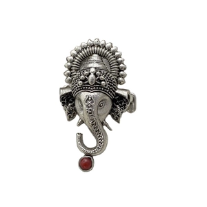 Retro ethnic style elephant head ring in antique silver finish with a red bead accent