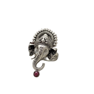 Vintage silver Ganesha elephant ring with red gemstone in a cultural ethnic style