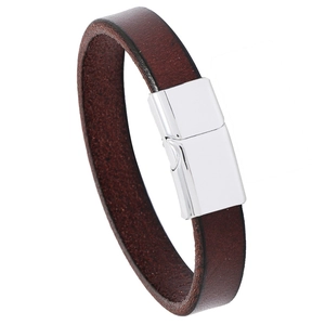 Brown leather bracelet with polished silver magnetic clasp for men and women