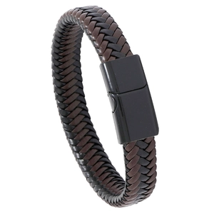 Minimalist black and brown braided leather bracelet with matte magnetic alloy clasp