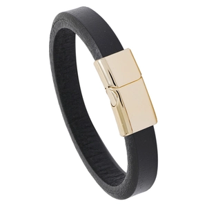 Minimalist black leather bracelet with a polished gold magnetic clasp shown at an angle