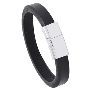 Minimalist black leather bracelet with silver magnetic buckle for men and women