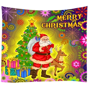 Vibrant Christmas tapestry featuring Santa Claus, reindeer, and decorated tree with ornaments