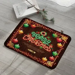 Detail of Christmas doormat with Merry Christmas neon text on dark wood texture background