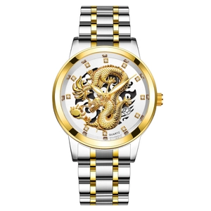 Montre à quartz pour homme avec cadran dragon doré et bracelet bicolore acier
