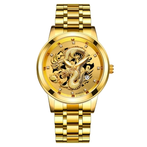 Montre À Quartz Pour Hommes Bracelet En Acier Inoxydable Cadran Dragon En Relief Strass Calendrier Date Mode Affaires