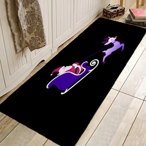 Detail of Christmas runner mat with Santa Claus and reindeer on wooden floor