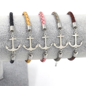 Pulsera De Ancla Cuero Genuino Cuerda Trenzada Acero Inoxidable Ajustable Joyería Punk Náutica Hombres Mujeres