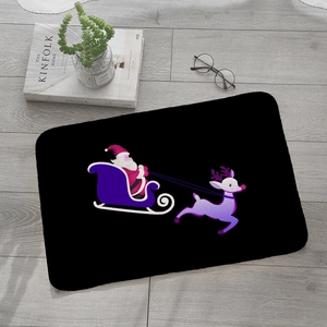 Black Christmas flannel mat with Santa sleigh and reindeer print on grey wood floor