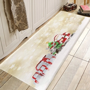 Absorbent Christmas flannel floor mat featuring festive Santa and reindeer on beige