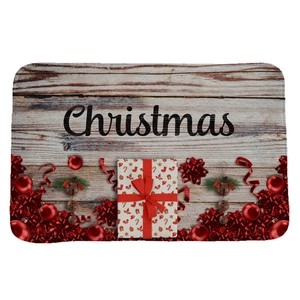 Non-slip Christmas flannel floor mat featuring wood grain pattern and festive ornaments