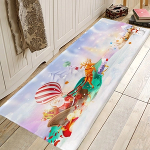 Christmas flannel absorbent runner rug with Santa Claus and reindeer on wooden floor