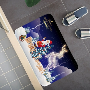 Close-up of festive Christmas flannel rug with Santa, reindeer and navy blue background