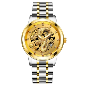 Montre homme avec cadran dragon doré et bracelet bicolore en acier inoxydable poli