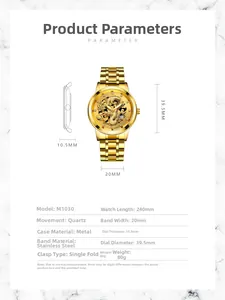 Spécifications de la montre dragon doré M1030 avec dimensions du boîtier et épaisseur