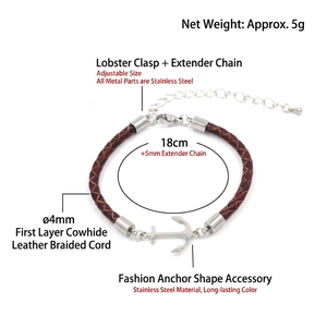 Adjustable stainless steel anchor bracelet with brown genuine leather braided rope