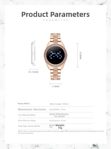 Detailed specs of rose gold LED digital watch featuring rhinestone-studded metal band