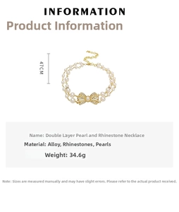 Close-up of double-layer pearl necklace with rhinestone bow pendant and 47cm length detail