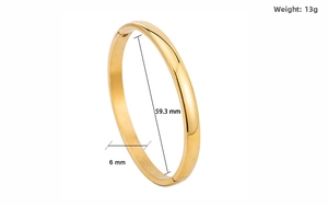 Detail showing 6mm width and 59.3mm inner diameter of golden polished bangle