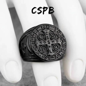 Retro black titanium steel St. Benedict medal ring with vintage embossed cross design