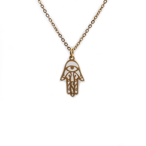 Golden titanium steel Hamsa Hand pendant necklace with evil eye design on white background