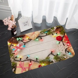 Christmas flannel absorbent mat with pine branches and gift box print on wood pattern