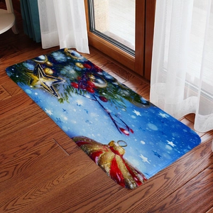 Blue Christmas runner rug with gold stars and red berries on a wooden floor