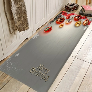 Grey Merry Christmas flannel runner mat with gold lettering and festive ornaments