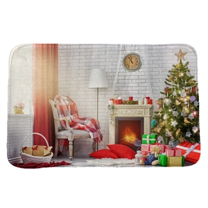 Christmas flannel absorbent door mat with festive fireplace and tree scene design