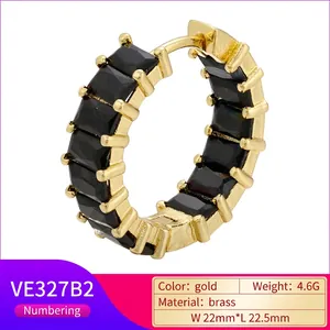 Gold plated brass hoop earrings with micro-paved black square zircon stones and measurements