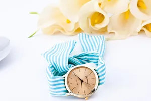 Detailed macro of a Geneva watch with champagne gold dial and blue striped fabric bow strap