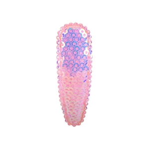 Detailed view of pink sequin drop-shaped BB hair clip with delicate beaded edges