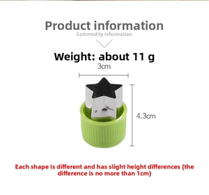 Star-shaped stainless steel vegetable cutter with dimensions and green protective handle