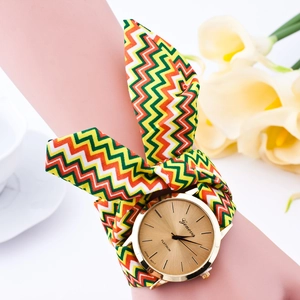 Geneva quartz watch for women with colorful zigzag pattern fabric strap and golden dial