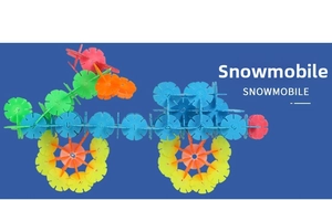 Detailed snowmobile model built with colorful interlocking snowflake building blocks