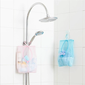 Portable hanging mesh storage bags in pink and blue for bathroom and kitchen use