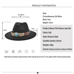Cappello fedora in feltro di lana nero con fascia etnica per uomo e donna