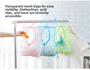Three-piece hanging mesh storage bags in pink blue and green for organized storage