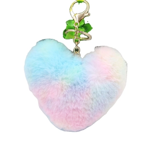 Colorful plush heart-shaped keychain with faux fur and golden metal ring for bags
