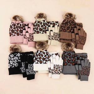 Leopard Print Knit Hat Neck Warmer And Touch Screen Gloves With Faux Fur Pom Pom For Women Winter Warm Acrylic