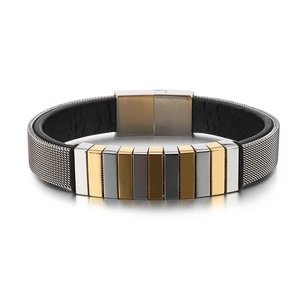 Herrenarmband aus geflochtenem Leder und Edelstahlnetz mit bunten Metallelementen