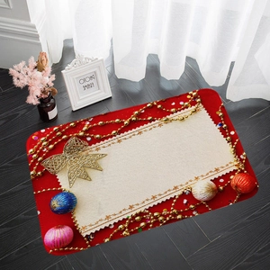 Detailed view of Christmas flannel mat with festive ornaments on a dark wood floor