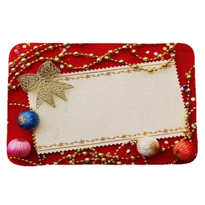Christmas flannel absorbent mat with red festive design, golden bow and colorful ornaments