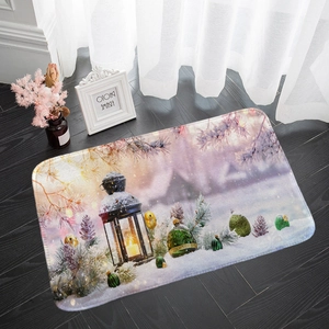 Close-up of winter snow scene print on flannel floor mat with festive lantern and ornaments