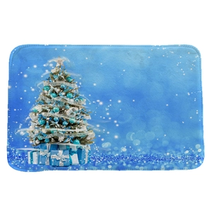 Christmas flannel absorbent door mat with blue festive tree and gift box graphics