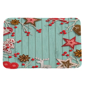 Christmas flannel absorbent door mat with festive reindeer and berry pattern on wood style