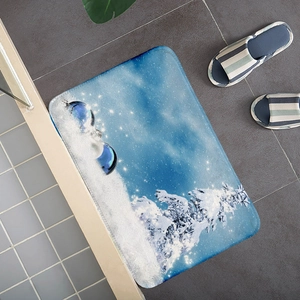 Absorbent Christmas flannel floor mat with winter night sky and snowy trees design