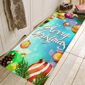 Blue Christmas flannel floor mat with festive ornaments and Merry Christmas text