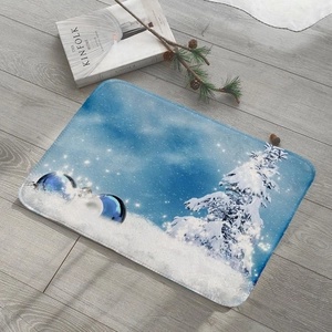 Detailed close-up of Christmas flannel mat with snowy tree on wood floor